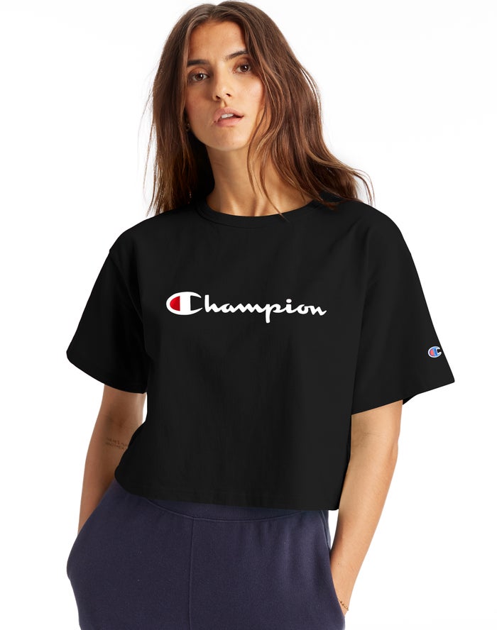 Champion Dame T-Shirts Sort - Heritage Cropped Script Logo - Danmark HJX-473062